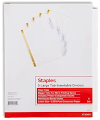 DIVIDERS, LARGE TAB, INSERTABLE, STAPLES, 5 TAB, CLEAR MAIN
